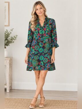 Flora Bea NYC Black Long-Sleeve Paisley Floral Tunic Dress Size Medium